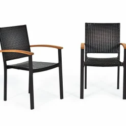 Tangkula 2 Pieces Stackable Patio Rattan Chair, Outdoor PE Wicker Dining Armchair W/Galvanized Steel Frame, Acacia-Topped Armrests