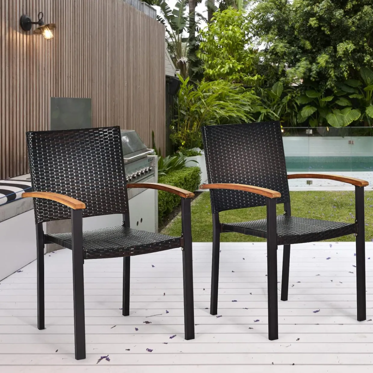 Tangkula 2 Pieces Stackable Patio Rattan Chair, Outdoor PE Wicker Dining Armchair W/Galvanized Steel Frame, Acacia-Topped Armrests