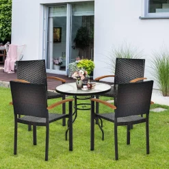 Tangkula 2 Pieces Stackable Patio Rattan Chair, Outdoor PE Wicker Dining Armchair W/Galvanized Steel Frame, Acacia-Topped Armrests
