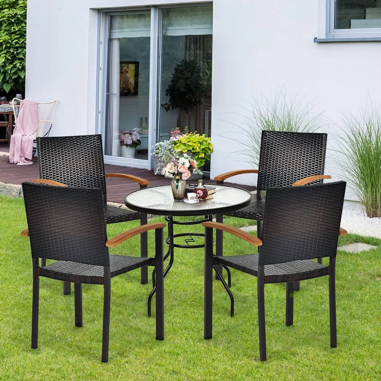 Tangkula 2 Pieces Stackable Patio Rattan Chair, Outdoor PE Wicker Dining Armchair W/Galvanized Steel Frame, Acacia-Topped Armrests