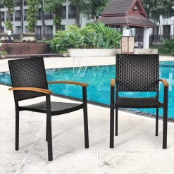 Tangkula 2 Pieces Stackable Patio Rattan Chair, Outdoor PE Wicker Dining Armchair W/Galvanized Steel Frame, Acacia-Topped Armrests