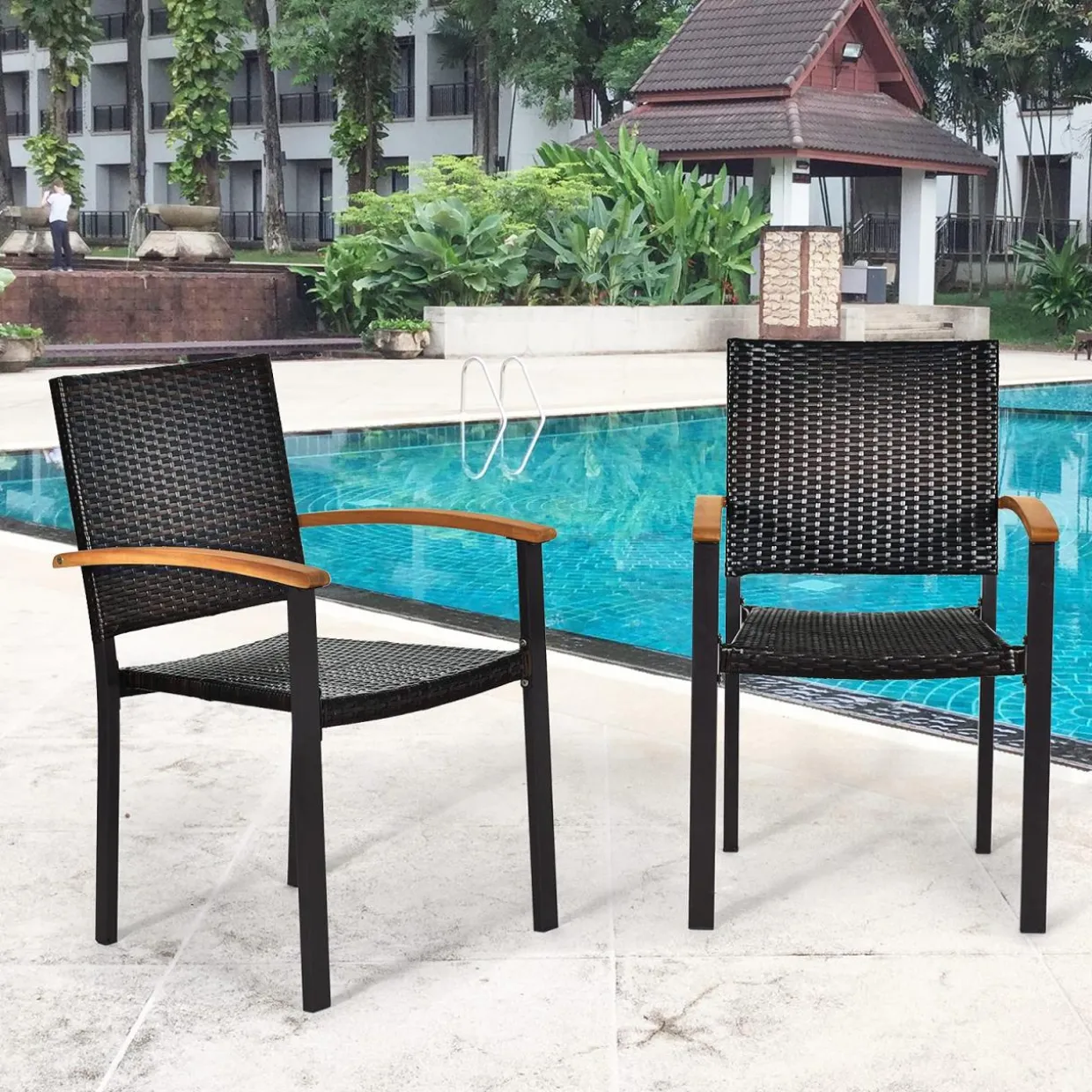 Tangkula 2 Pieces Stackable Patio Rattan Chair, Outdoor PE Wicker Dining Armchair W/Galvanized Steel Frame, Acacia-Topped Armrests