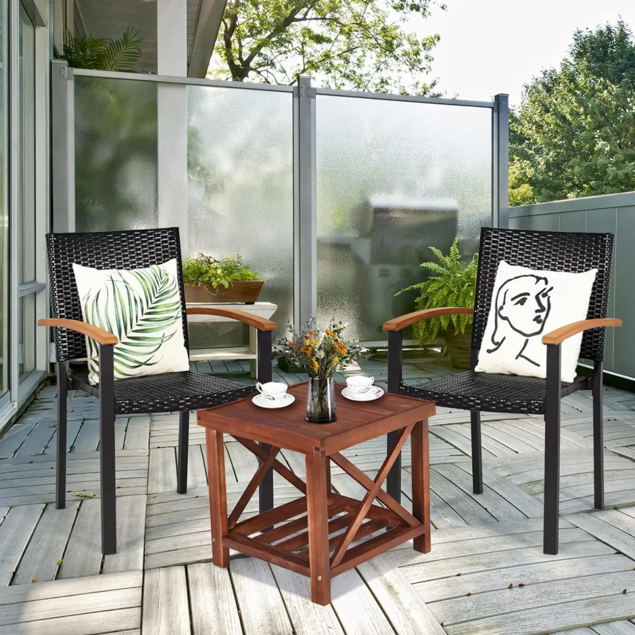 Tangkula 2 Pieces Stackable Patio Rattan Chair, Outdoor PE Wicker Dining Armchair W/Galvanized Steel Frame, Acacia-Topped Armrests