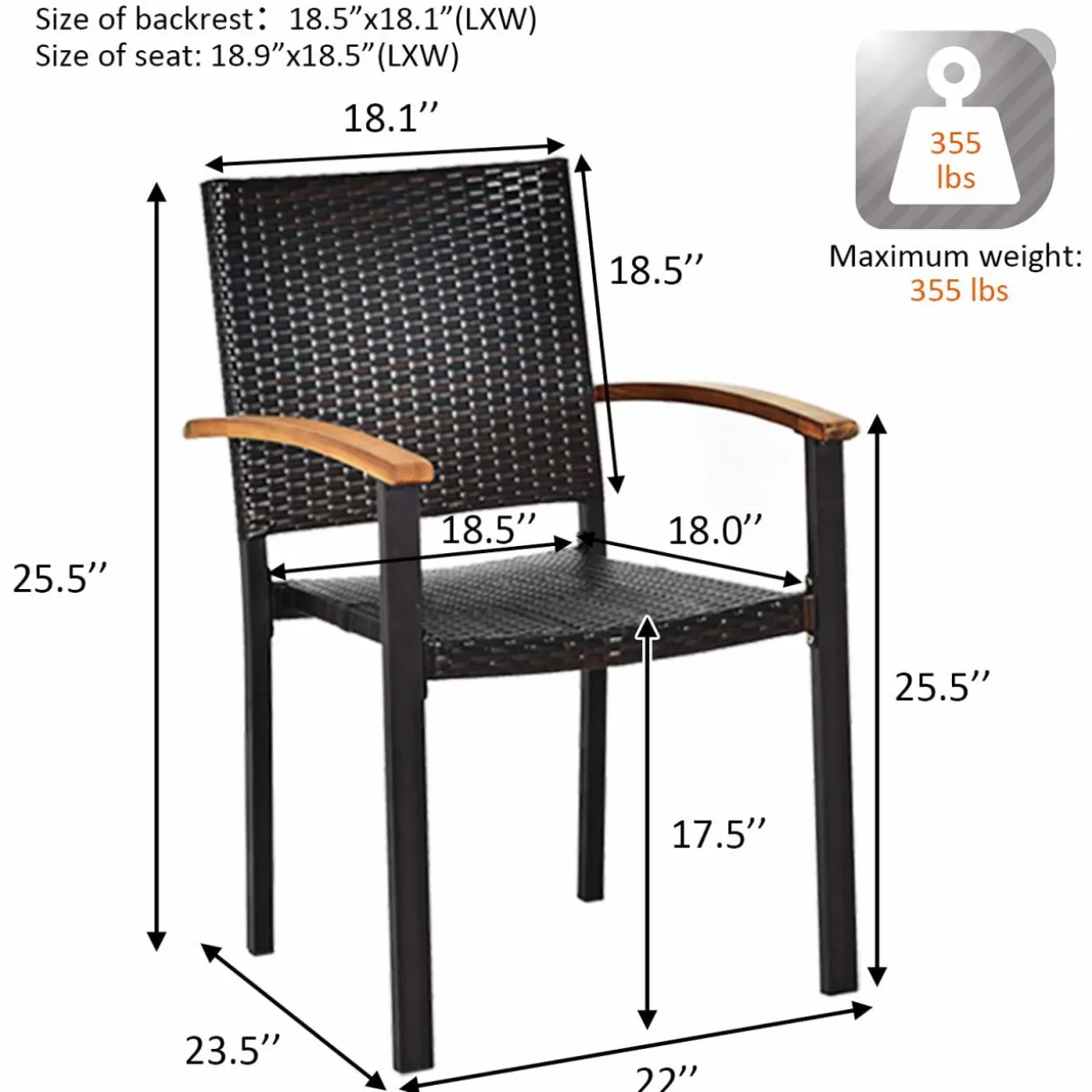 Tangkula 2 Pieces Stackable Patio Rattan Chair, Outdoor PE Wicker Dining Armchair W/Galvanized Steel Frame, Acacia-Topped Armrests