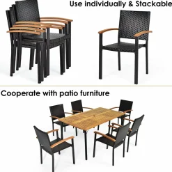 Tangkula 2 Pieces Stackable Patio Rattan Chair, Outdoor PE Wicker Dining Armchair W/Galvanized Steel Frame, Acacia-Topped Armrests