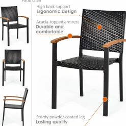 Tangkula 2 Pieces Stackable Patio Rattan Chair, Outdoor PE Wicker Dining Armchair W/Galvanized Steel Frame, Acacia-Topped Armrests