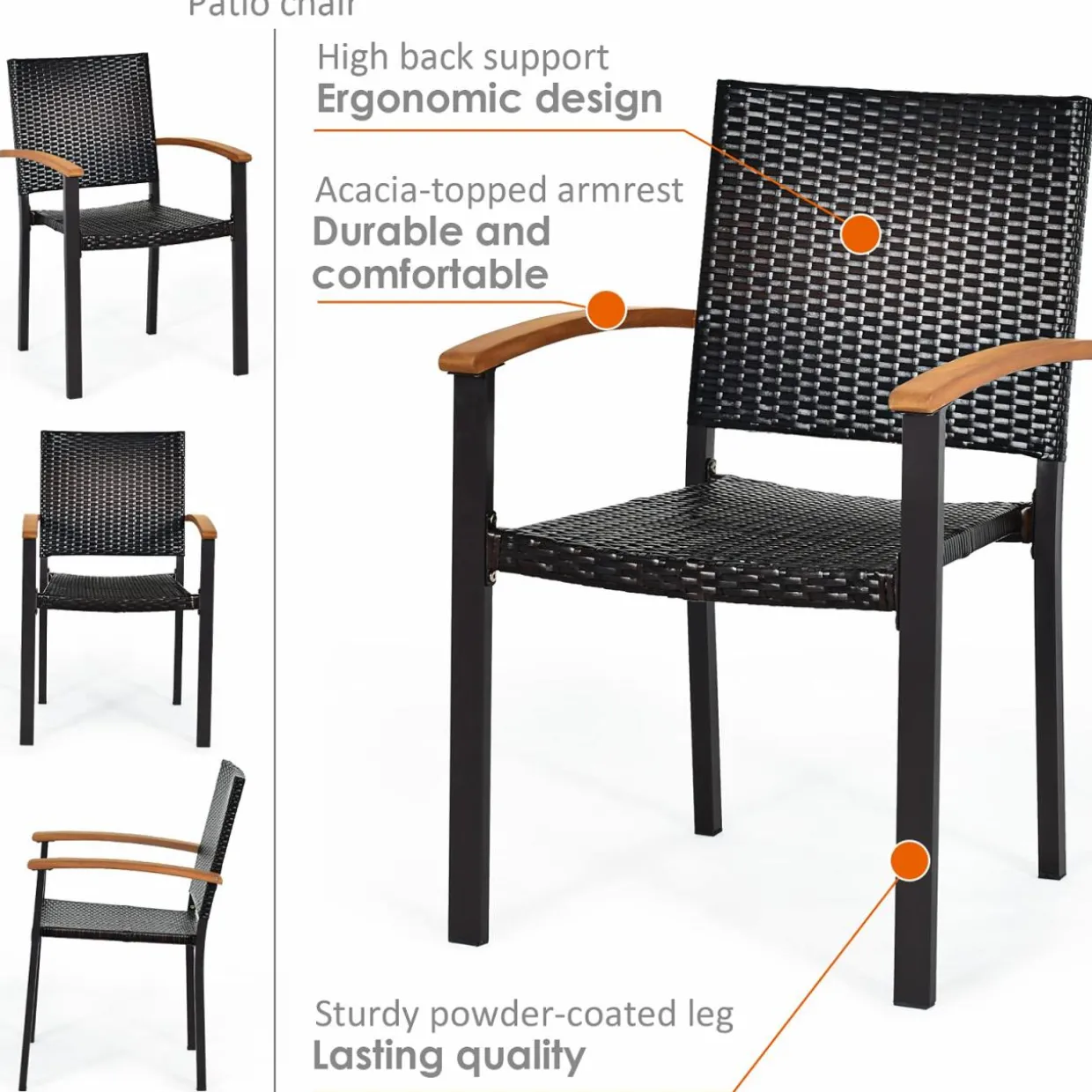 Tangkula 2 Pieces Stackable Patio Rattan Chair, Outdoor PE Wicker Dining Armchair W/Galvanized Steel Frame, Acacia-Topped Armrests