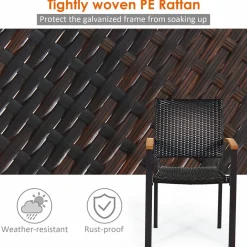 Tangkula 2 Pieces Stackable Patio Rattan Chair, Outdoor PE Wicker Dining Armchair W/Galvanized Steel Frame, Acacia-Topped Armrests