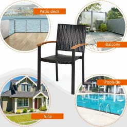 Tangkula 2 Pieces Stackable Patio Rattan Chair, Outdoor PE Wicker Dining Armchair W/Galvanized Steel Frame, Acacia-Topped Armrests