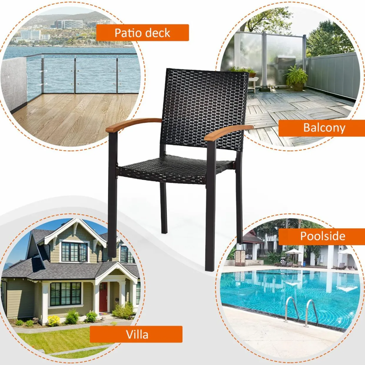 Tangkula 2 Pieces Stackable Patio Rattan Chair, Outdoor PE Wicker Dining Armchair W/Galvanized Steel Frame, Acacia-Topped Armrests