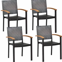 Tangkula 2 Pieces Stackable Patio Rattan Chair, Outdoor PE Wicker Dining Armchair W/Galvanized Steel Frame, Acacia-Topped Armrests