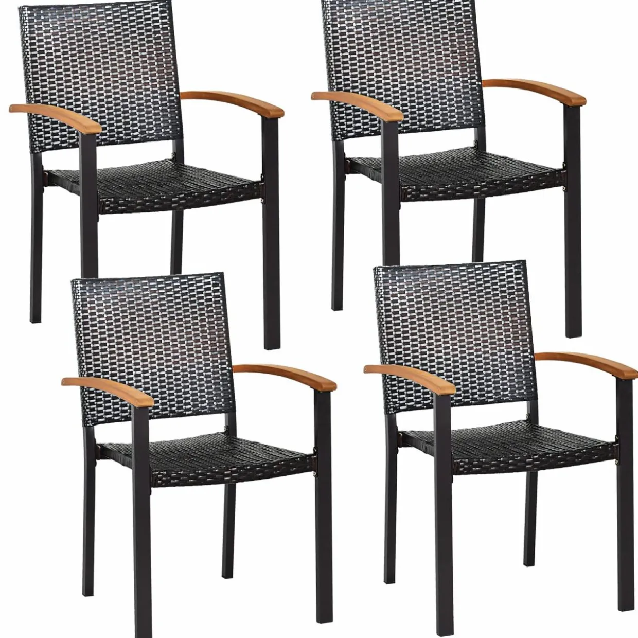 Tangkula 2 Pieces Stackable Patio Rattan Chair, Outdoor PE Wicker Dining Armchair W/Galvanized Steel Frame, Acacia-Topped Armrests