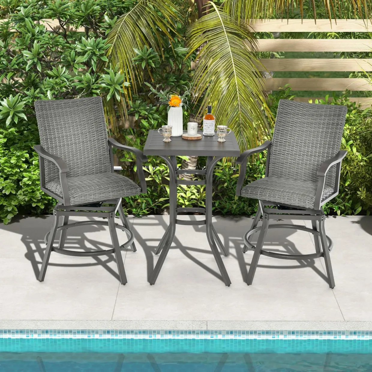 Tangkula 3 Pieces Swivel Bar Set, Aluminum Bar Height Furniture Set