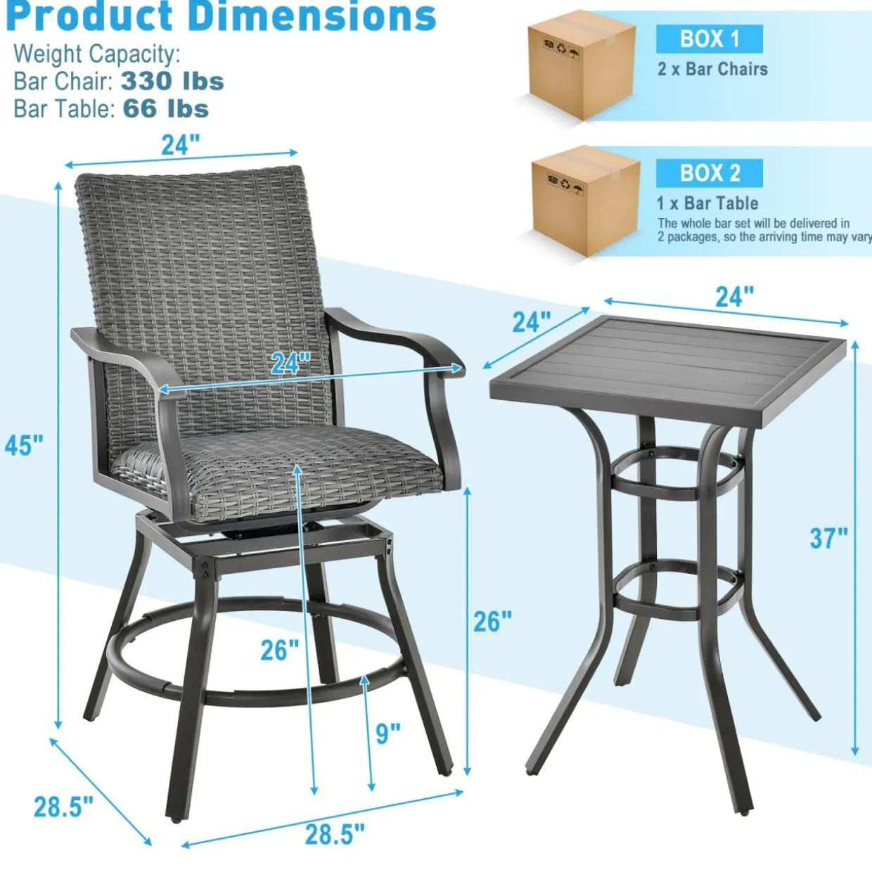 Tangkula 3 Pieces Swivel Bar Set, Aluminum Bar Height Furniture Set