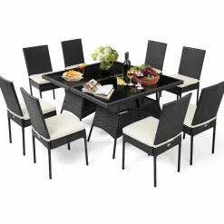 Tangkula 10 Pieces Wicker Patio Dining Set, Outdoor Rattan Table & Chairs Set with Padded Cushions