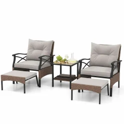 Tangkula 5 Pieces Wicker Patio Furniture Set, Outdoor Rattan Chairs with Ottomans, Cushions and 2-Tier Tempered Glass Side Table