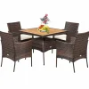 Tangkula 5 Pieces Wicker Patio Dining Set, Outdoor Acacia Wood Dining Furniture with 4 Armrest Chairs & 1 Dining Table