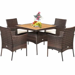 Tangkula 5 Pieces Wicker Patio Dining Set, Outdoor Acacia Wood Dining Furniture with 4 Armrest Chairs & 1 Dining Table