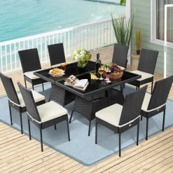 Tangkula 10 Pieces Wicker Patio Dining Set, Outdoor Rattan Table & Chairs Set with Padded Cushions