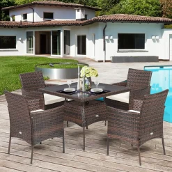 Tangkula 5 Pieces Wicker Patio Dining Set, Outdoor PE Rattan Chairs Table Set with 4 Seat Cushions