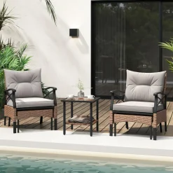 Tangkula 5 Pieces Wicker Patio Furniture Set, Outdoor Rattan Chairs with Ottomans, Cushions and 2-Tier Tempered Glass Side Table