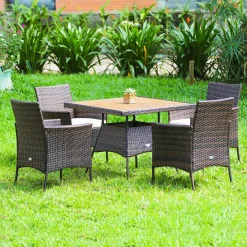 Tangkula 5 Pieces Wicker Patio Dining Set, Outdoor Acacia Wood Dining Furniture with 4 Armrest Chairs & 1 Dining Table
