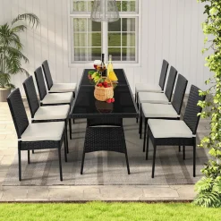 Tangkula 10 Pieces Wicker Patio Dining Set, Outdoor Rattan Table & Chairs Set with Padded Cushions