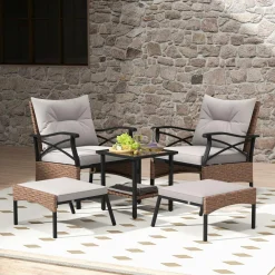 Tangkula 5 Pieces Wicker Patio Furniture Set, Outdoor Rattan Chairs with Ottomans, Cushions and 2-Tier Tempered Glass Side Table