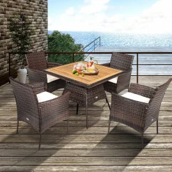 Tangkula 5 Pieces Wicker Patio Dining Set, Outdoor Acacia Wood Dining Furniture with 4 Armrest Chairs & 1 Dining Table