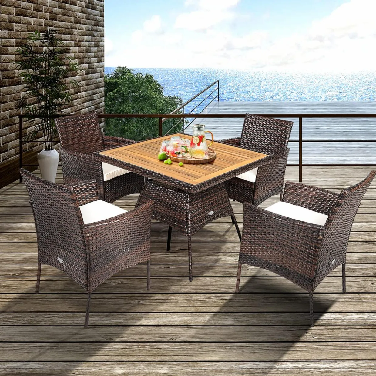 Tangkula 5 Pieces Wicker Patio Dining Set, Outdoor Acacia Wood Dining Furniture with 4 Armrest Chairs & 1 Dining Table