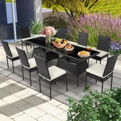 Tangkula 10 Pieces Wicker Patio Dining Set, Outdoor Rattan Table & Chairs Set with Padded Cushions