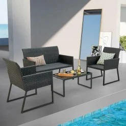 Tangkula 4 Pieces Wicker Patio Furniture Set with Quick-Drying Foam