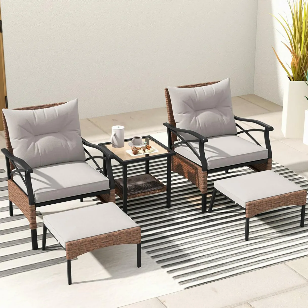 Tangkula 5 Pieces Wicker Patio Furniture Set, Outdoor Rattan Chairs with Ottomans, Cushions and 2-Tier Tempered Glass Side Table