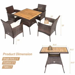 Tangkula 5 Pieces Wicker Patio Dining Set, Outdoor Acacia Wood Dining Furniture with 4 Armrest Chairs & 1 Dining Table
