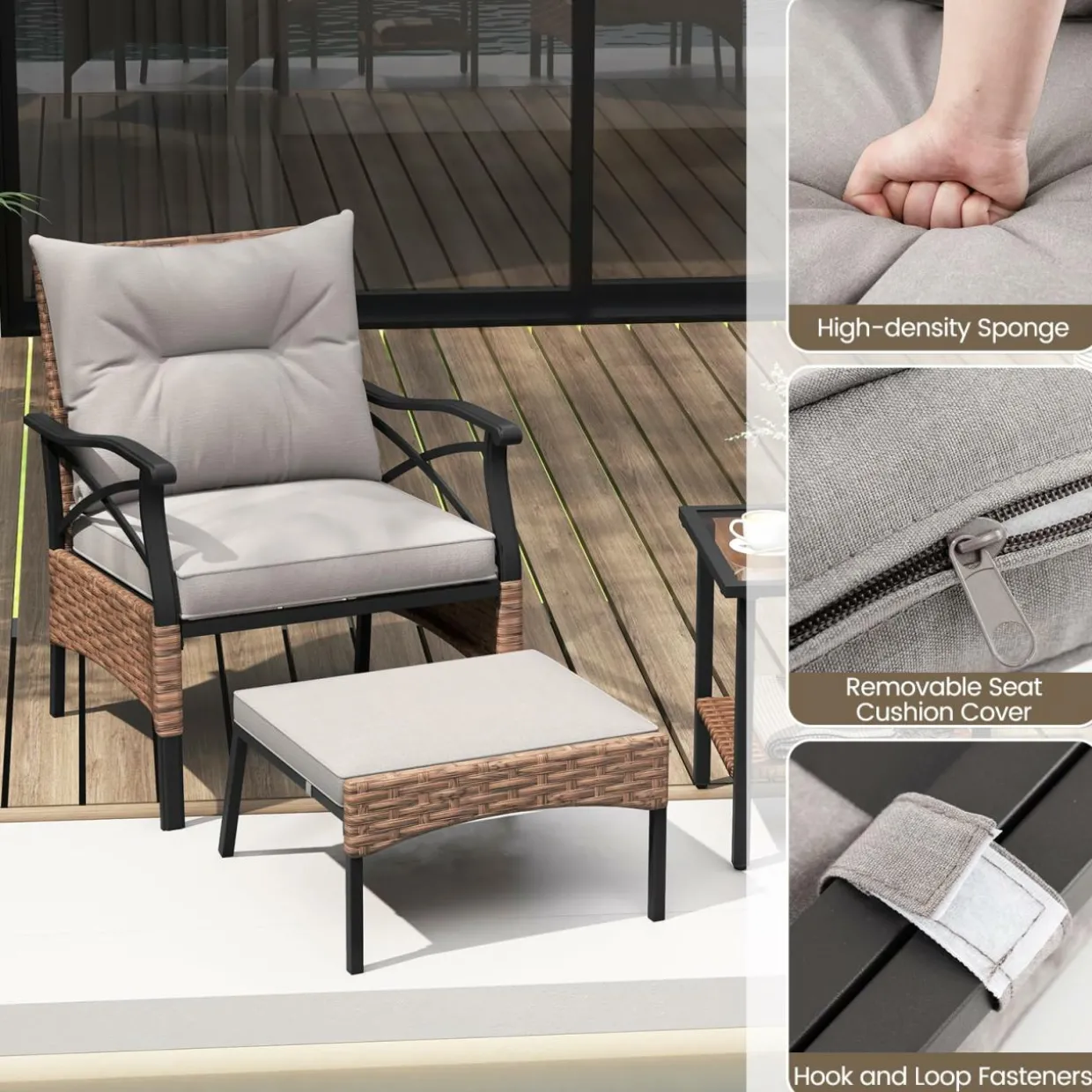 Tangkula 5 Pieces Wicker Patio Furniture Set, Outdoor Rattan Chairs with Ottomans, Cushions and 2-Tier Tempered Glass Side Table