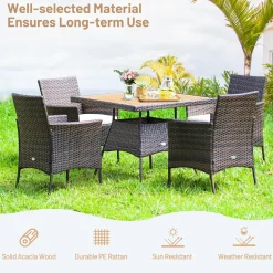 Tangkula 5 Pieces Wicker Patio Dining Set, Outdoor Acacia Wood Dining Furniture with 4 Armrest Chairs & 1 Dining Table