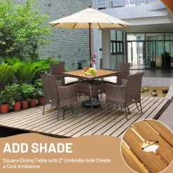 Tangkula 5 Pieces Wicker Patio Dining Set, Outdoor Acacia Wood Dining Furniture with 4 Armrest Chairs & 1 Dining Table