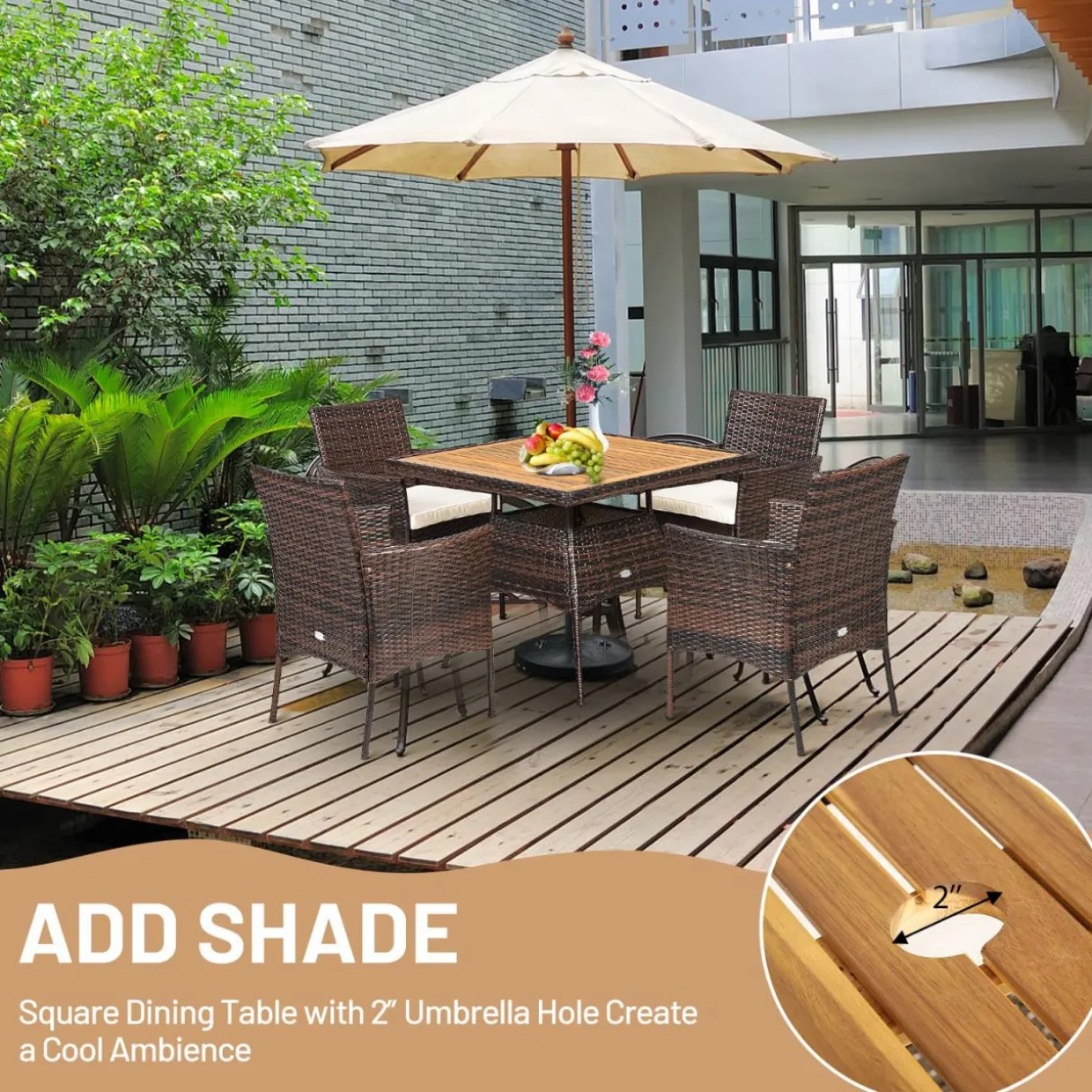 Tangkula 5 Pieces Wicker Patio Dining Set, Outdoor Acacia Wood Dining Furniture with 4 Armrest Chairs & 1 Dining Table
