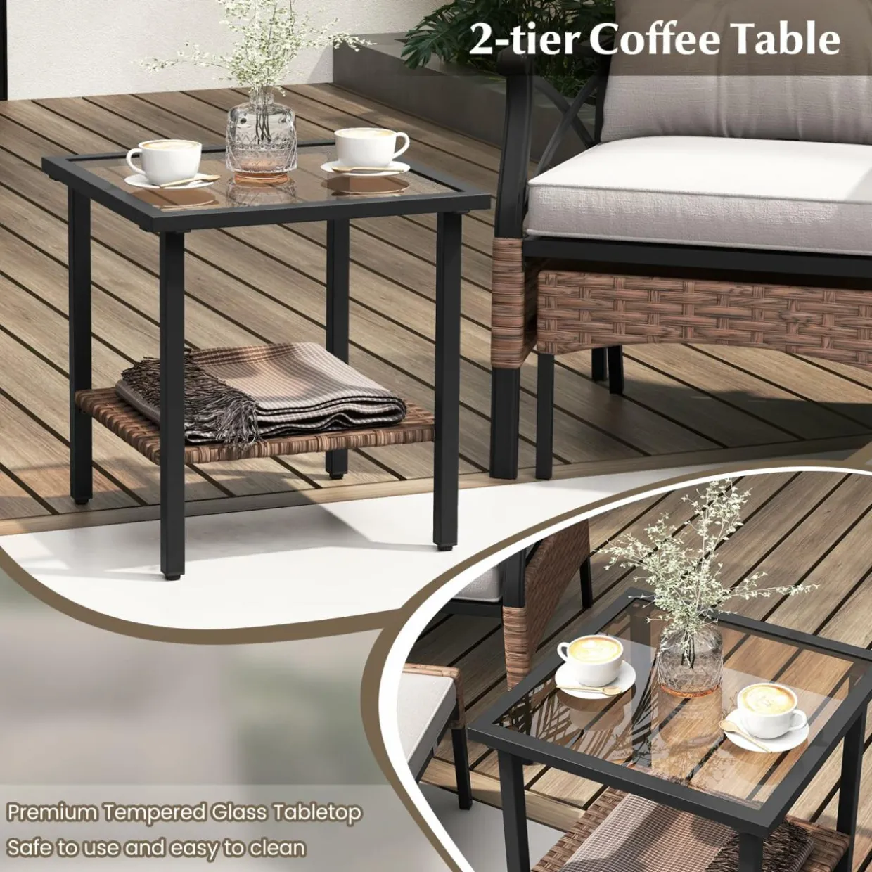 Tangkula 5 Pieces Wicker Patio Furniture Set, Outdoor Rattan Chairs with Ottomans, Cushions and 2-Tier Tempered Glass Side Table