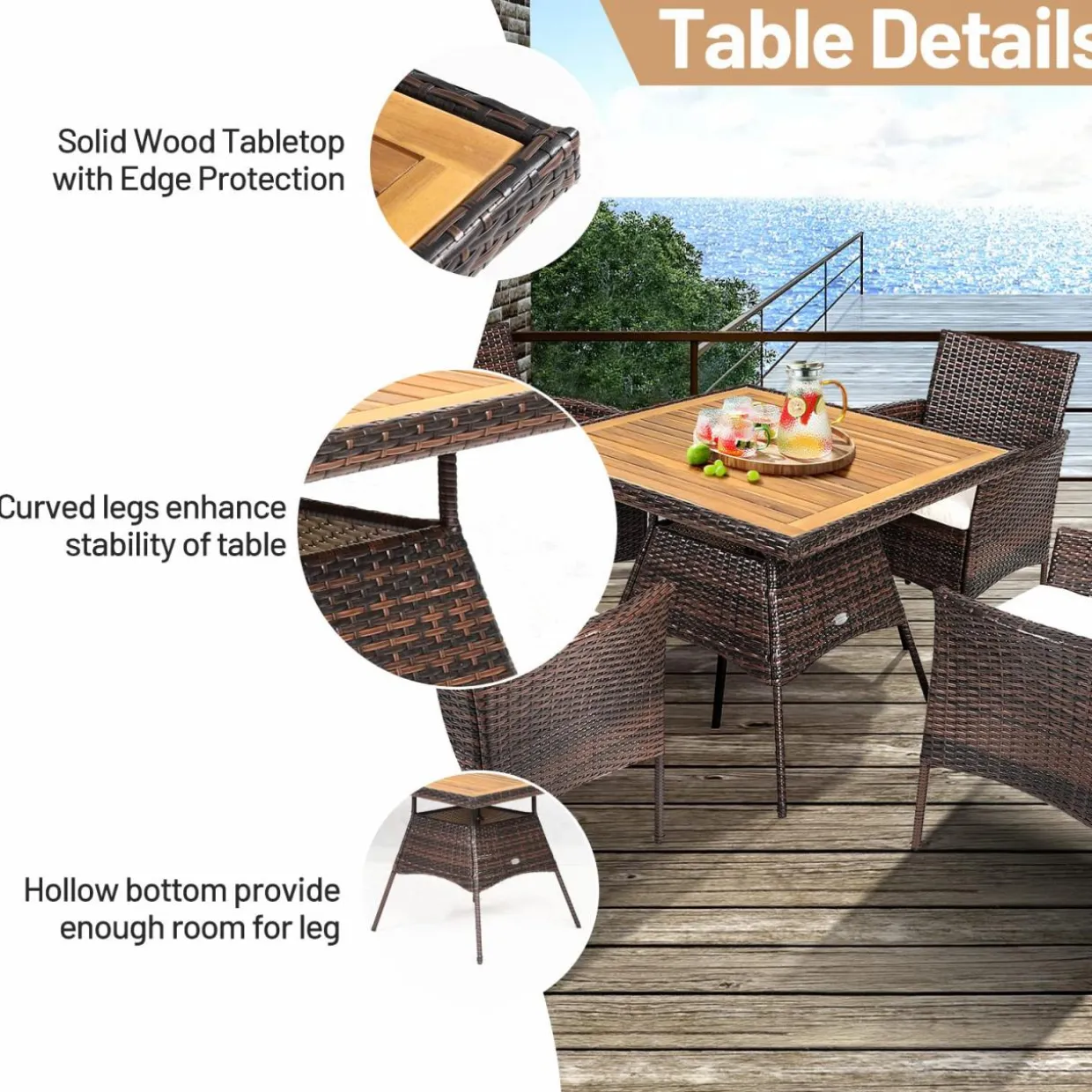 Tangkula 5 Pieces Wicker Patio Dining Set, Outdoor Acacia Wood Dining Furniture with 4 Armrest Chairs & 1 Dining Table