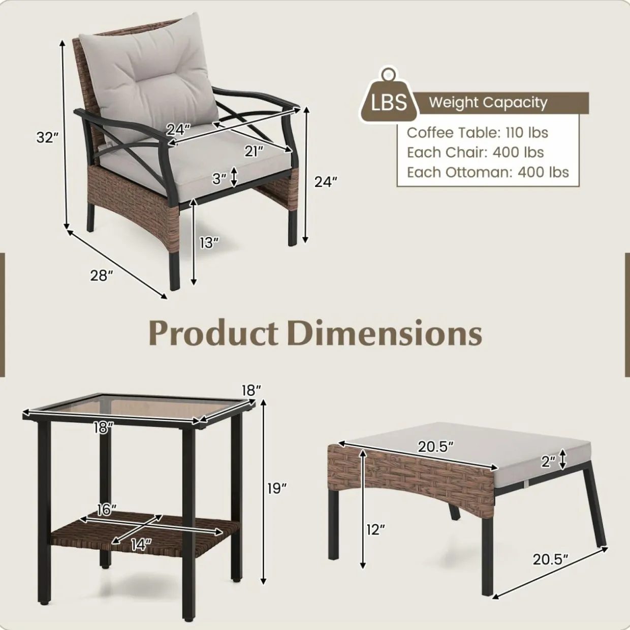 Tangkula 5 Pieces Wicker Patio Furniture Set, Outdoor Rattan Chairs with Ottomans, Cushions and 2-Tier Tempered Glass Side Table
