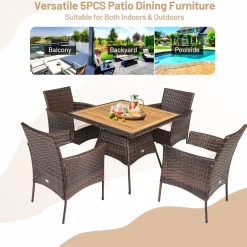 Tangkula 5 Pieces Wicker Patio Dining Set, Outdoor Acacia Wood Dining Furniture with 4 Armrest Chairs & 1 Dining Table