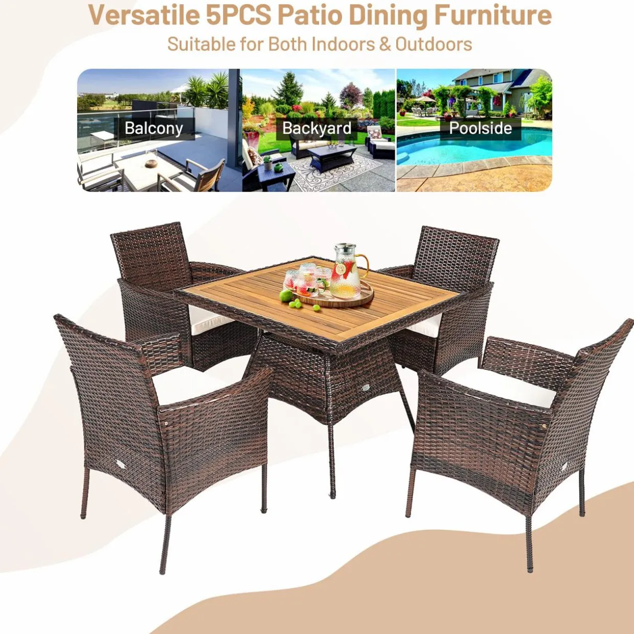 Tangkula 5 Pieces Wicker Patio Dining Set, Outdoor Acacia Wood Dining Furniture with 4 Armrest Chairs & 1 Dining Table