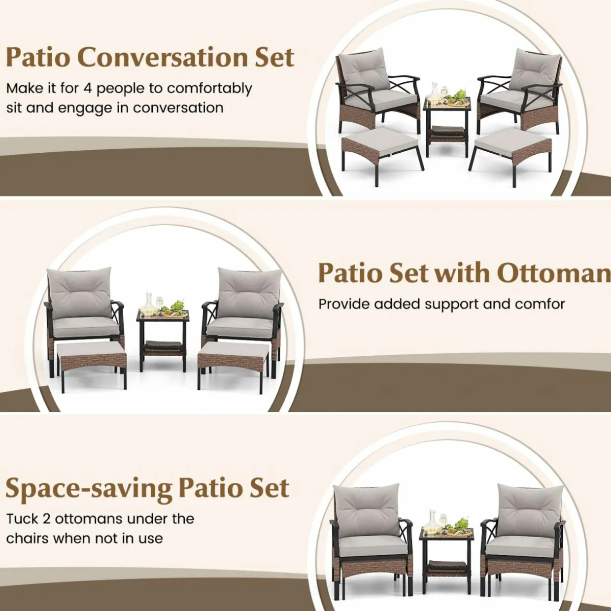 Tangkula 5 Pieces Wicker Patio Furniture Set, Outdoor Rattan Chairs with Ottomans, Cushions and 2-Tier Tempered Glass Side Table