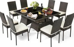 Tangkula 10 Pieces Wicker Patio Dining Set, Outdoor Rattan Table & Chairs Set with Padded Cushions