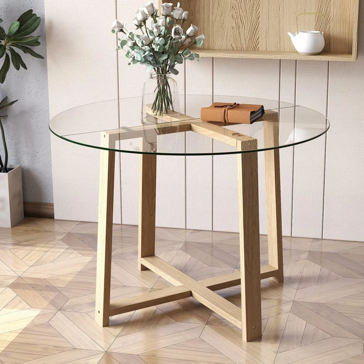 Tangkula 42" Round Glass Dining Table for 4-6, 0.3” Tempered Glass Tabletop with X-Shaped Rubber Wood Frame