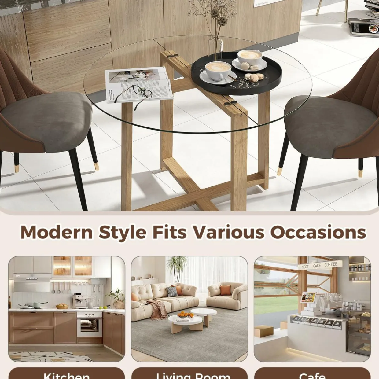 Tangkula 42" Round Glass Dining Table for 4-6, 0.3” Tempered Glass Tabletop with X-Shaped Rubber Wood Frame