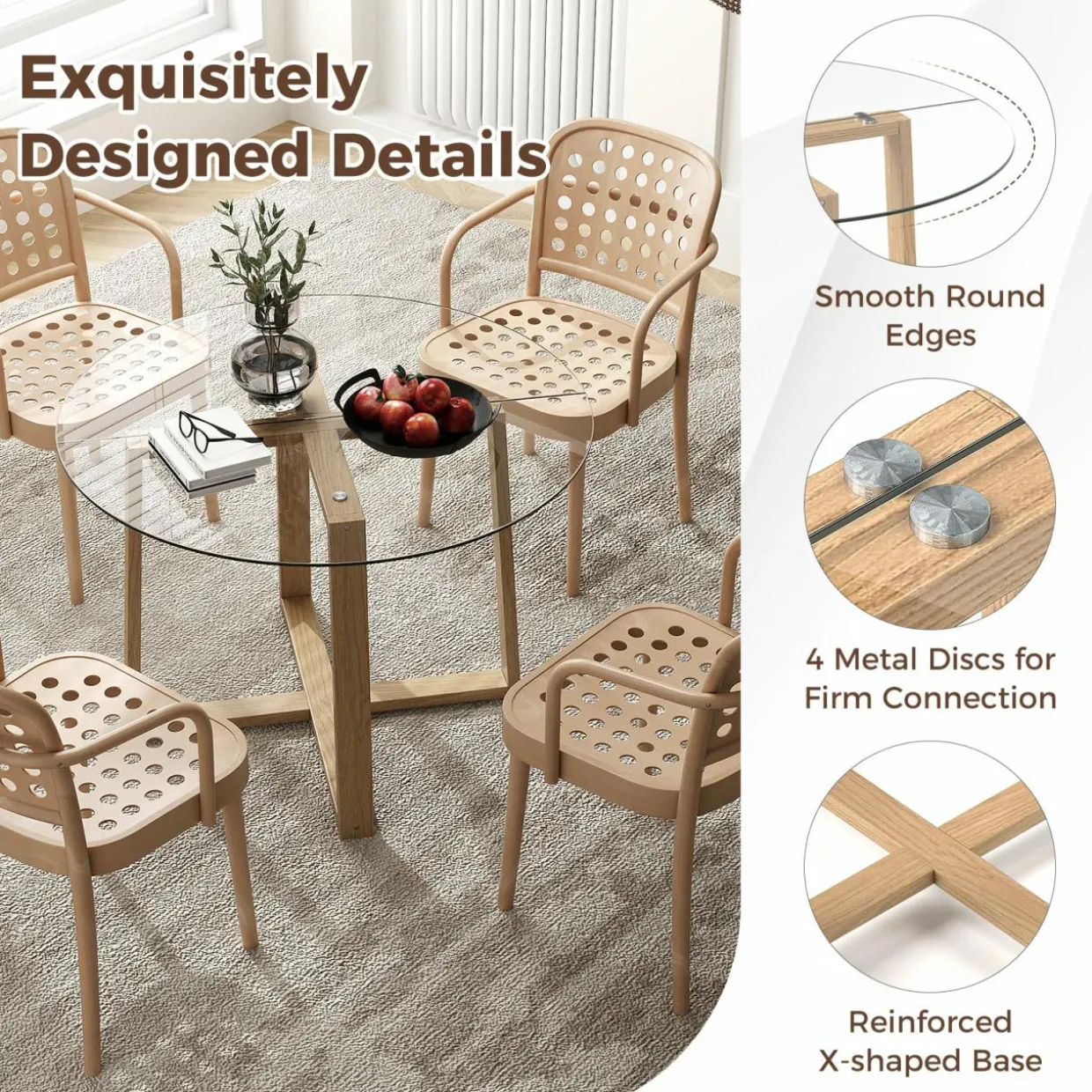 Tangkula 42" Round Glass Dining Table for 4-6, 0.3” Tempered Glass Tabletop with X-Shaped Rubber Wood Frame