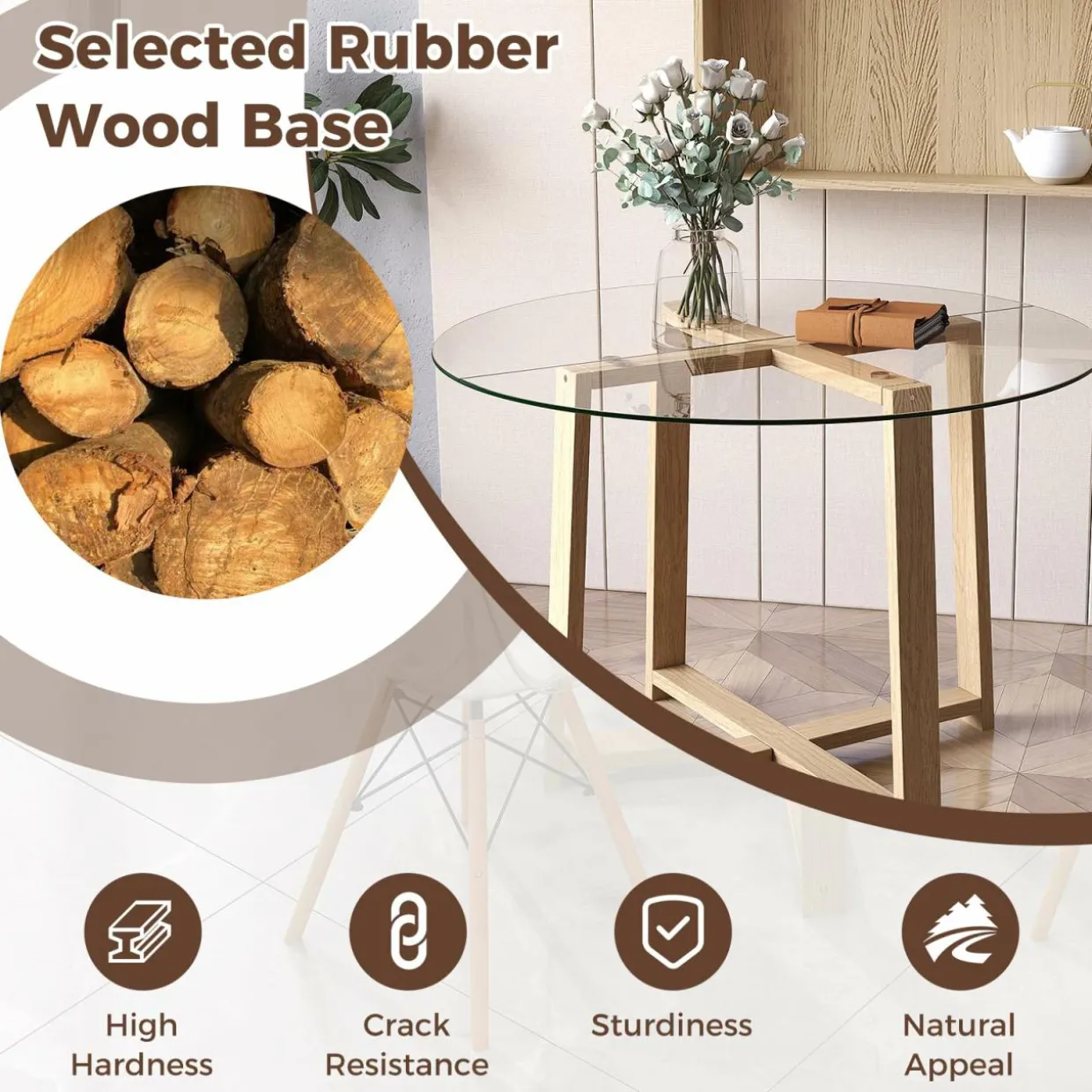 Tangkula 42" Round Glass Dining Table for 4-6, 0.3” Tempered Glass Tabletop with X-Shaped Rubber Wood Frame