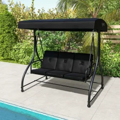 Tangkula 3 Seats Converting Patio Swing, Outdoor Porch Garden Canopy Swing with Comfortable Cushion Seats